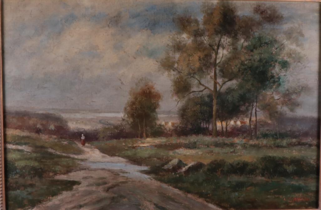 L Stefano (20th Century): Untitled (Landscape with woman), Of a bucolic lanscape, with a path cutting through a stream. A woman walks the path towards a village, a stand of trees dominates the right half of the picture., Oil o