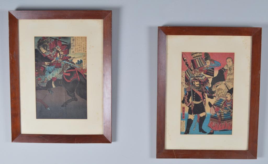 After Utagawa Toyonobu (Japanese, 1859-1886): Maeda Inuchiyo Partial Diptych, Ink and color on paper. Warrior on horseback attacking with sword. 1/2 of diptych, Wood Block Print Image: 12 x 8 in.; Frame: 20 x 15 in. Matted, Glazed in wood frame