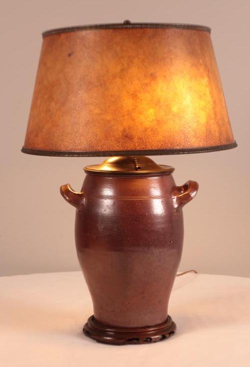 Ceramic Jug as Lamp: On a fitted foot, with vellum shade Dimensions: 23 x 11 x 11 in.