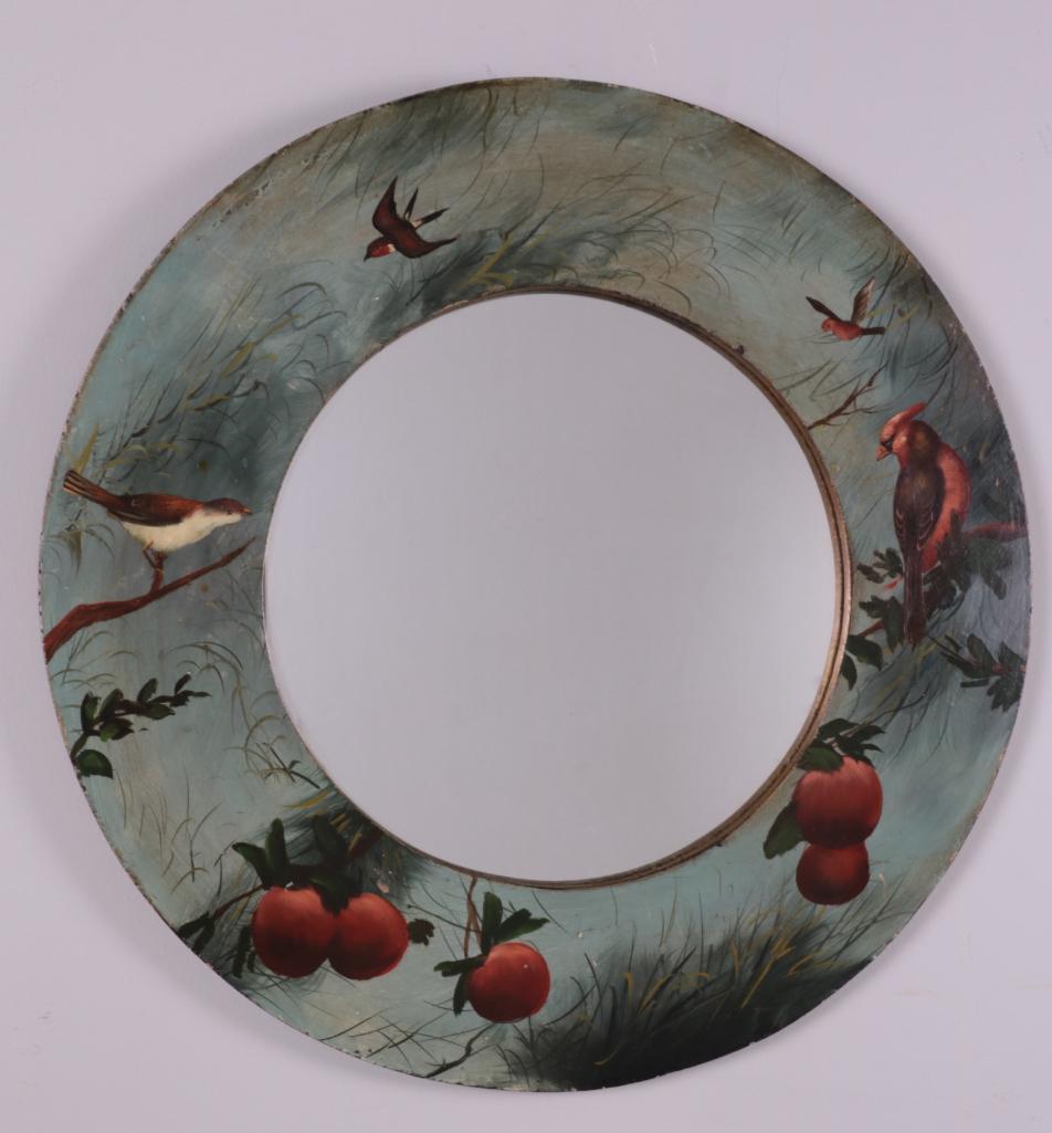 Mirror with Bird and Fruit Border: Circular mirror with handpainted bird and peaches on the vine on green ground. Mirror 13 in. D. Dimensions: 22.5 D. x x in. NOTE: Condition consistent with age and use.