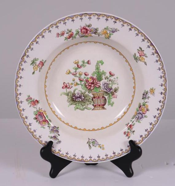 Copeland Spode Peplow Soup Bowl: Ceramic large rim soup bowl in the "Peplow" pattern, features a "Exclusive to Harrods" stamp. Dimensions: 10.5 x 10.5 x 1.75 in. NOTE: good