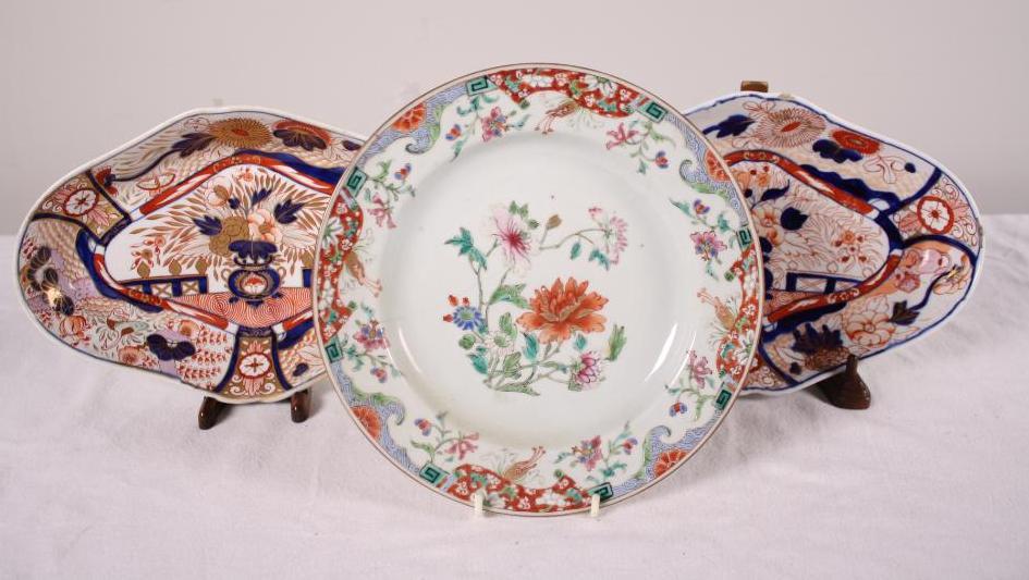 Pair of Imari Porcelain Vegetable Bowls: Together with a plate Dimensions: 1 x 11 x 7.25 in. NOTE: Chip on rim on one of the vegetable plates