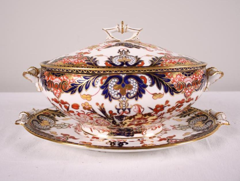 Royal Crown Derby Imari Soup Tureen with Tray: Of usual form Dimensions: 8 x 14 x 10 in. NOTE: Evidence of repairs on base