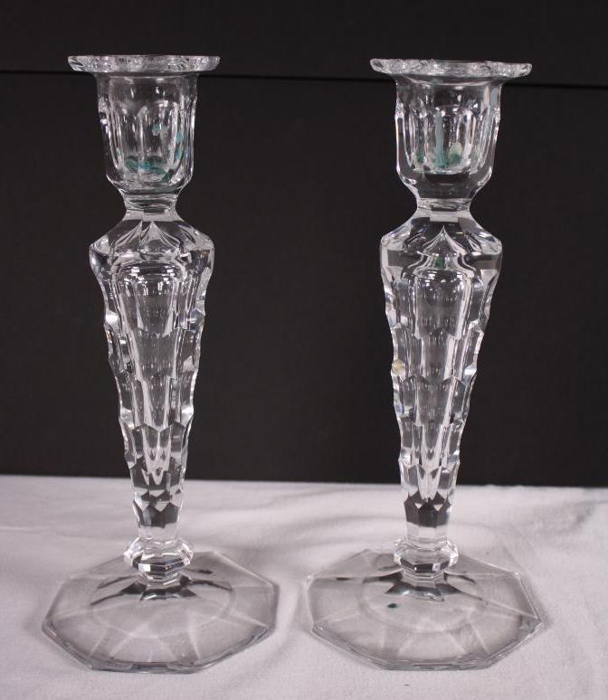 Pair of Crystal Candlesticks: Of usual form, unmarked Dimensions: 12 x 5.5 x 5.5 in. NOTE: Wear consistent with age and use