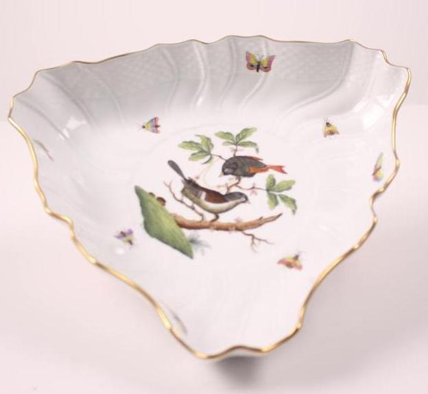 Herend Porcelain - Triangle Salad Dish: Hand Painted in Rothschild Bird. Signed with Herend marks: 1191-0-00 RO Dimensions approximately: H 2 x W 10 x D 10 inches NOTE: No apparent flaws