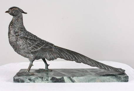 Bronze Sculpture of a Quail: On a green marble base, marked &#34;Firenza&#34; underneath  Dimensions: H 11 x W 16 x D 4.5 inches  NOTE: No apparent flaws