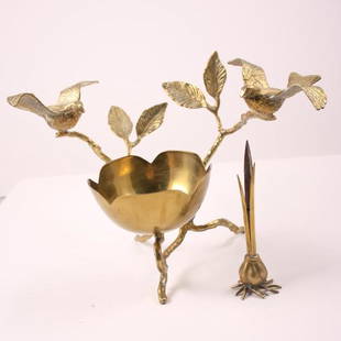 Sculptural Brass Bowl: Of two birds on branches over a central bowl, together with a garlic form taper stick. Measurements for BowlDimensions: H 10 x W 11 x D 11 inchesNOTE: Wear consistent with age and use