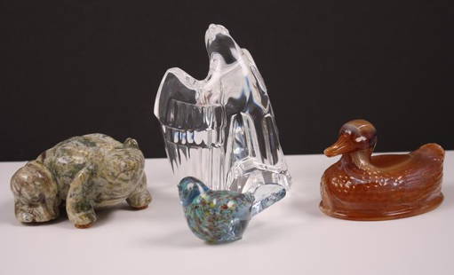 A Menagerie of Small Animals: Including a glass eagle (signed indistinctly), a jadeite frog, a glass duck and a glass bird. Measurements are for eagle. Dimensions: H 5 x W 4 x D 4 inches NOTE: No evidence of repairs, chips