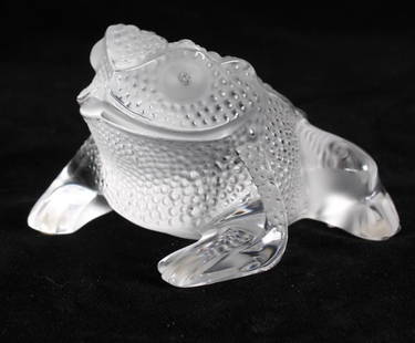 Lalique Frog Paperweight: Frosted frog figure, acid etched, original label attached on bottom side, marked on base Dimensions: H 3 x W 4 x D 5 inches NOTE: No apparent flaws