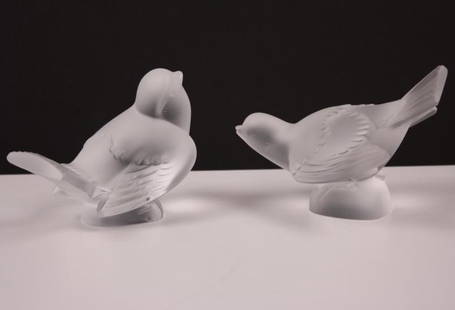 Pair of Cast Glass Birds: Heavy glass, or crystal. Each with a matte finish, measurements are for one, they are of similar size. No mark. Dimensions: H 4 x W 5 x D 4.5 inches NOTE: No evidence of repairs, chips or