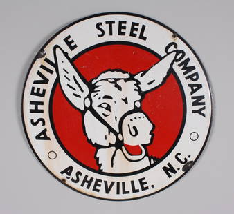 Asheville Steel Co. Porcelain Sign: Round with a donkey in red circle. Ashville N.C.Dimensions: H 18 x W 18 x D 0.25 inchesNOTE: Loss to porcelain around crew holes