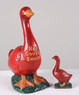 Two Red Goose Shoes Figures: Of usual form, measurements for the largest.Dimensions: H 12 x W 5.5 x D 6 inchesNOTE: No evidence of cracks, chips or repairs