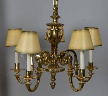 Five Light Brass Chandelier: With squared arms and five lights.  Dimensions: 21 x 23 x 23 in.  NOTE: Good Condition