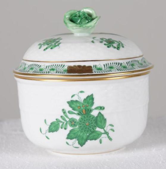 Herend Porcelain - Covered Sugar Bowl: Hand Painted in Chinese Bouquet Green. Sugar bowl with rose centered on top, basketweave porcelain base. Signed with Herend marks: 1663-AV (Not Dated) Dimensions Approximately: 3.5 x 3.5 x in. NOTE: N