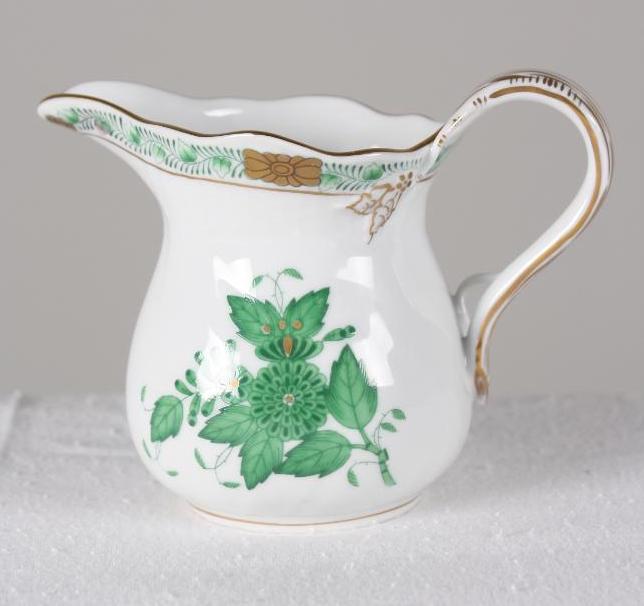 Herend Porcelain - Demitasse Creamer: Hand Painted in Chinese Bouquet Green. Creamer with branch handle, gold trim and floral design. Signed with Herend marks: 1643-AV (Not Dated) Dimensions Approximately: 3 x 4 x in. NOTE: No apparent fl