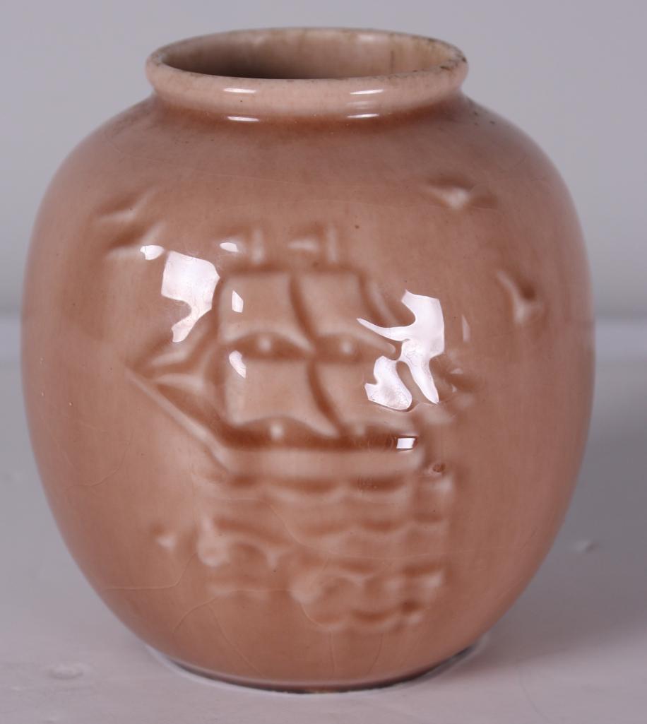Rookwood Pottery Ship Vase: With light brown glaze, dated 1946, marked on base Dimensions: H 5 x W 5 x D 5 inches NOTE: No apparent chips, cracks or repairs