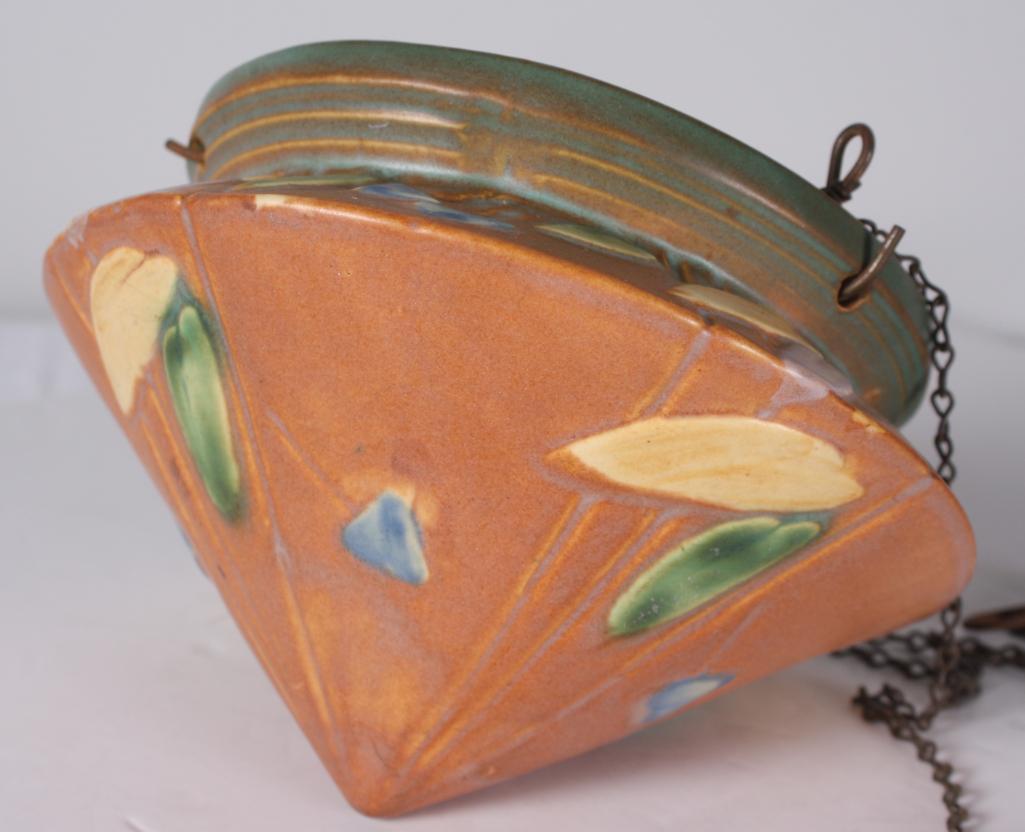 Roseville Pottery Futura Hanging Planter: "Little Basket" planter, shape 344-5. No apparent marks Dimensions: H 5 x W 7.5 x D 7.5 inches NOTE: No apparent chips, cracks or repairs
