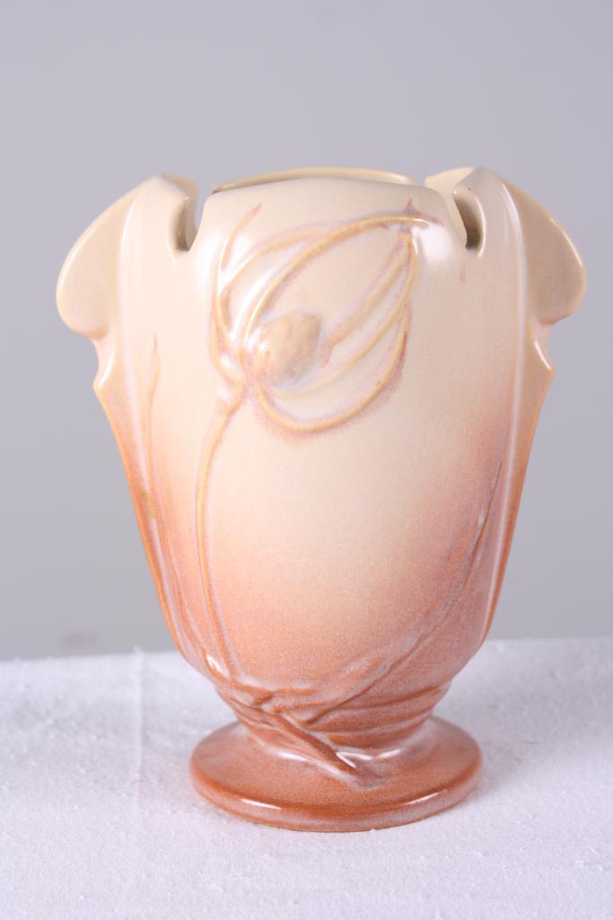 Roseville Pottery Teasel Vase: Cream ground, marked indistinctly on baseDimensions: H 6.5 x W 6 x D 4 inchesNOTE: No evidence of cracks, chips or repairs
