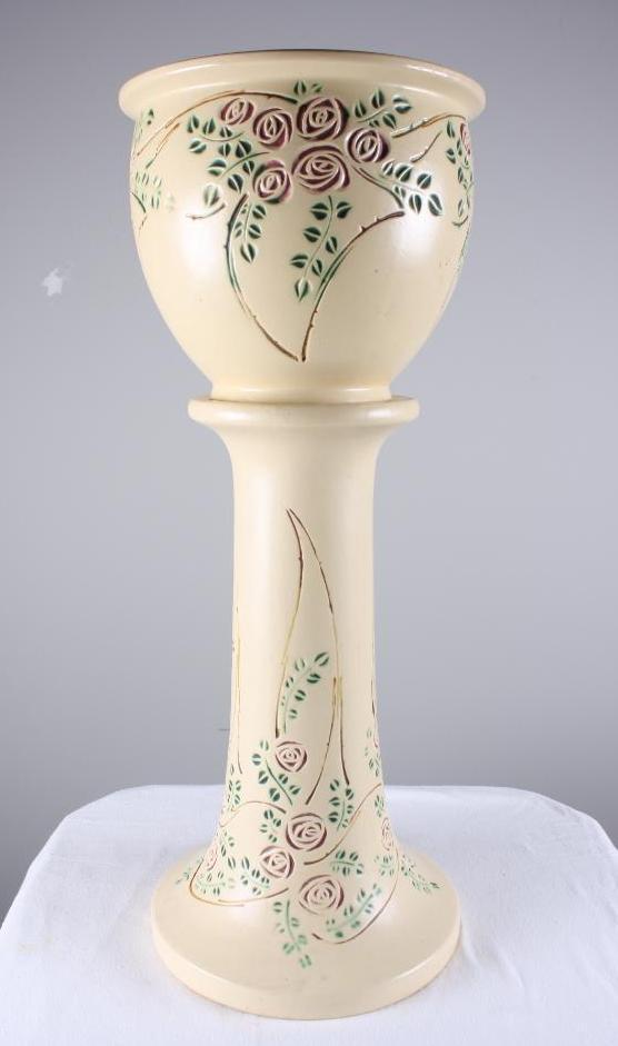 Vellmoss Pottery Scroll Jardiniere and Pedestal: Yellow ground with floral decoration, no apparent markings Dimensions: H 29.5 x W 12 x D 12 inches NOTE: No evidence of cracks, chips or repairs