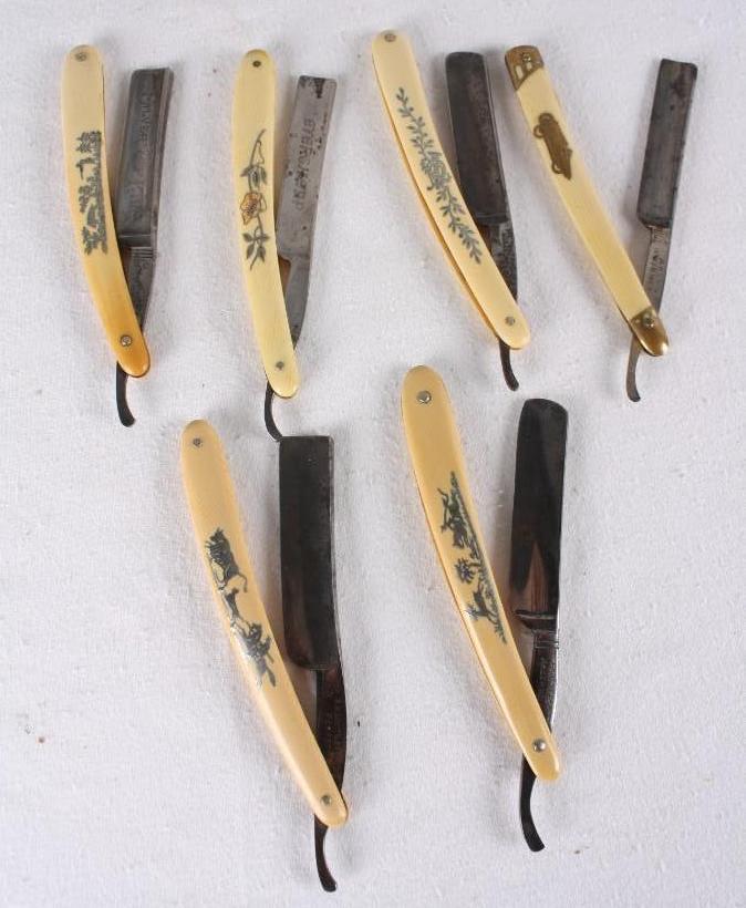 Six Yellow Inlaid Hande Straight Razors: Various makers, all with inlaid celluloid handles. Makers include: F.A.Koch (NY) with deer hunting scene, Torrey (Mass.) with a lyre and foliage, R.H. Whitney Co. (Germany) with man on horseback chasi