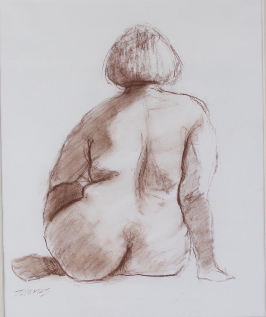 20th Century American School: Untitled (Sitting Nude from Rear), 20th Century, Of a robust, seated nude woman from back, Pencil on paper Signed "Thomas" lower left Image: H 11.5 x W 9.5 inches; Frame: H 20.5 x W 18 inches 