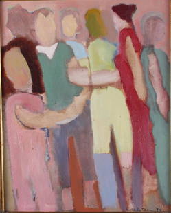 Paul Edelstein (KY/TN, B. 1959): Untitled (People Talking), 1994, Expressionist scene of people in a room. Oil on canvas Signed and dated lower right Image: H 19.5 x W 15.5 inches; Frame: H 24 x W 20.5 inches Brown wood frame