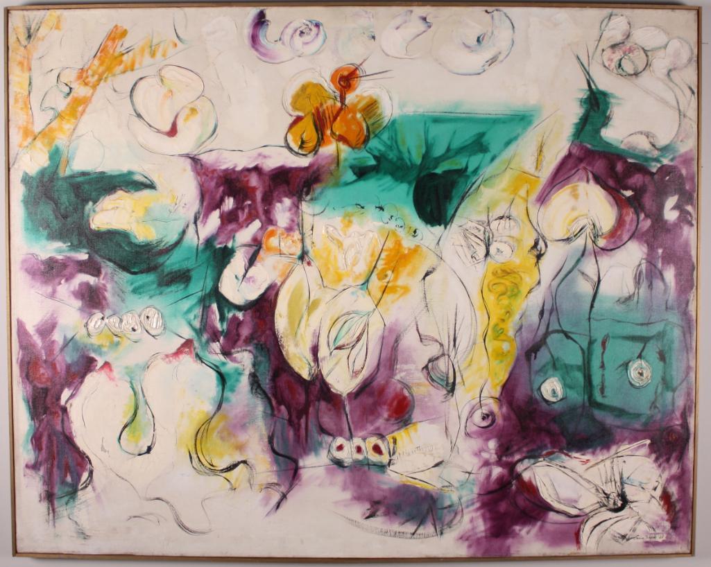 Enrico Faugno (Kentucky, 20th Century): Mophologist Laundry, 1965, Abstract composition in green purple and yellow, Oil on canvas Signed and dated lower right, titled and dated verso. Image: H 38 x W 45 inches; Frame: H 38.5 x W 45.5 inches