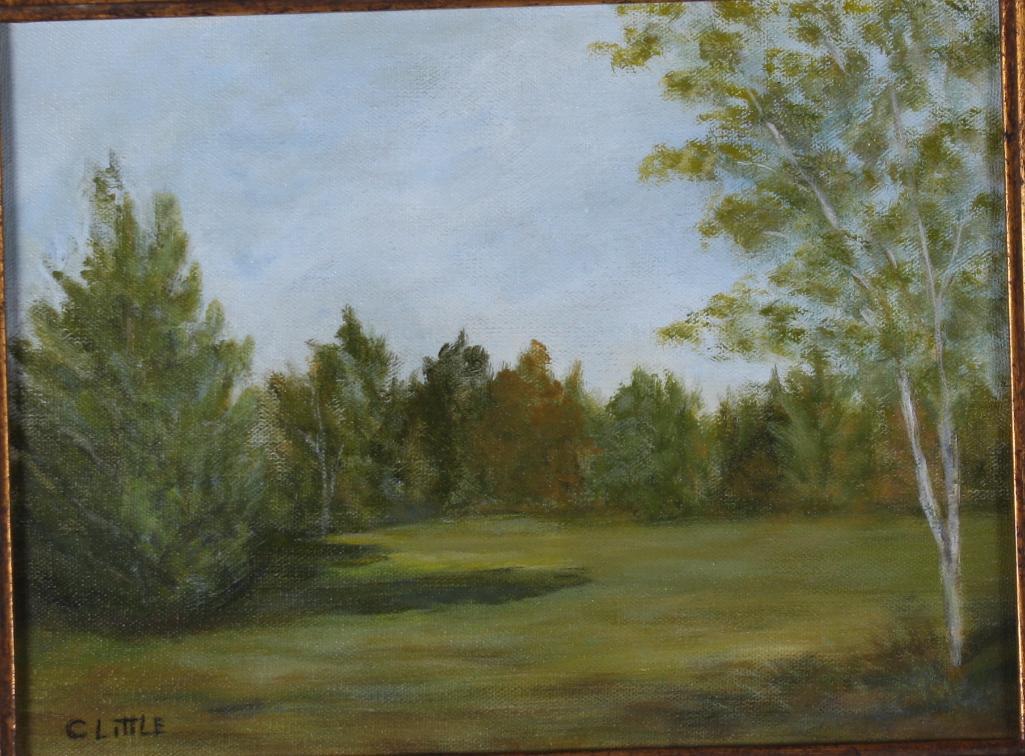 C. Little (American, 20th C): Untitled (Verdant Landscape), 20th Century, View of a field surrounded by trees, Oil on canvas Signed lower left Image: H 9 x W 11 inches; Frame: H 13 x W 15 inches Carved gilt wood frame Condition: N