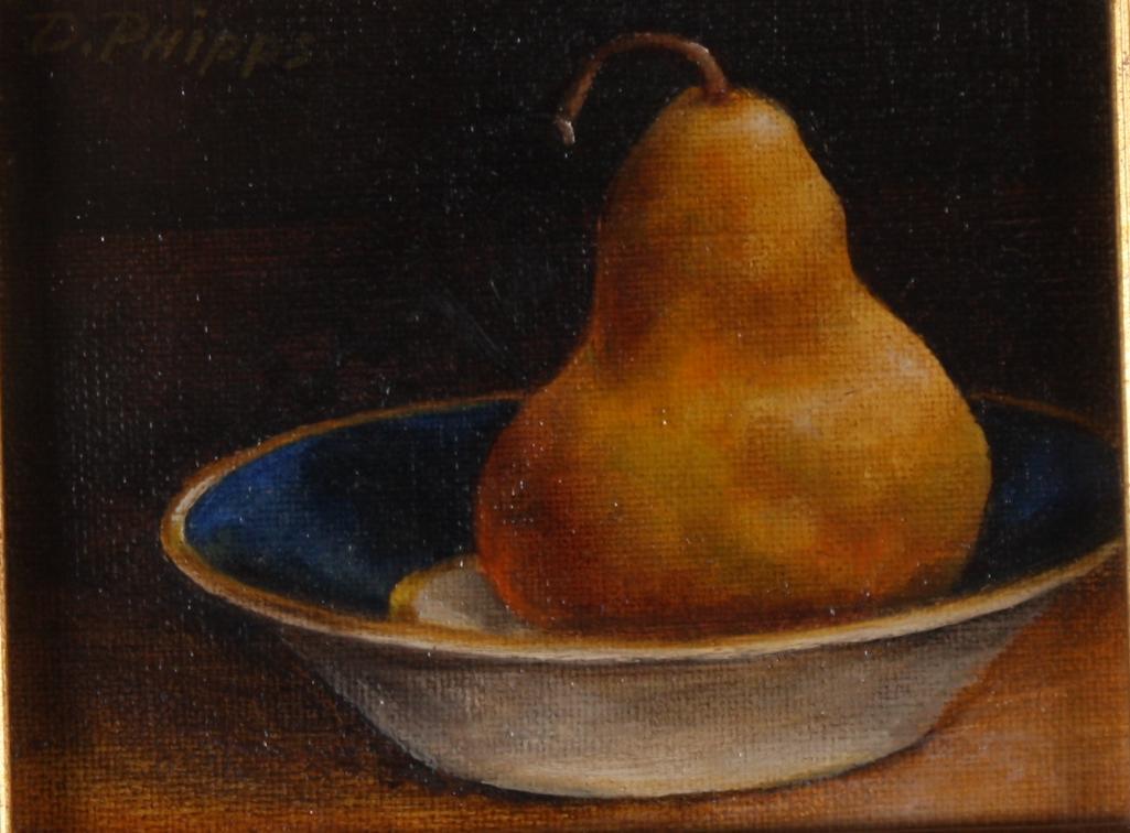 Donna Phipps Stout (Kentucky, 20th C): First Fruit, 1992, Still life with pear in a porcelain bowl, Oil on canvasSigned upper left, titled and dated versoImage: H 4 x W 5 inches; Frame: H 6.5 x W 7 inchesGilt wood frameCondition: No appare