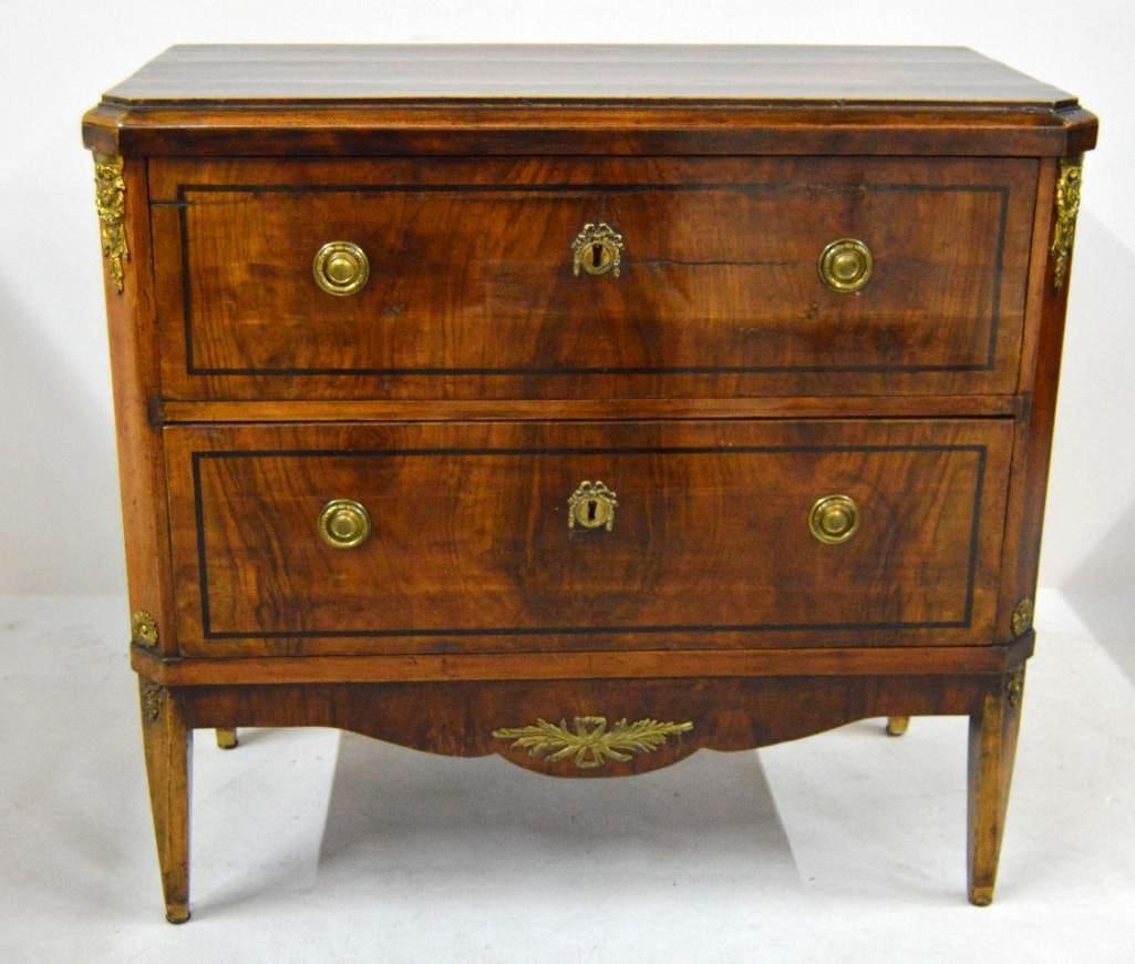 Louis XVI Style Fruitwood Commode: 19th Century, with a moulded rectangular top over two full drawers, the whole raised on tapering square legsDimensions: H 33 x W 36 x D 18 inchesNOTE: Horizontal crack (repaired) to veneer on top draw