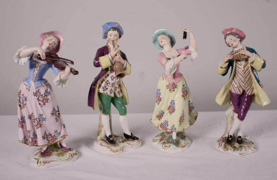 Kalk Porcelain Group of Musicians: With a percussionist, flutist, violin and oboe players. Each marked with crossed arrows Dimensions: 12 x 4 x 3 in. NOTE: Wear consistent with age and use
