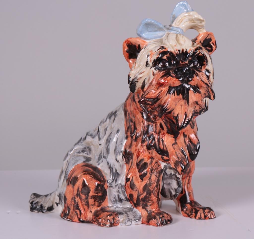 Meiselman Pottery Yorkie: Ceramic Yorkie dog glazed orange and black, signed K322 Italy for Meiselman Imports. Dimensions: 12 x 11 x 5 in. NOTE: Slight wear to base edge.