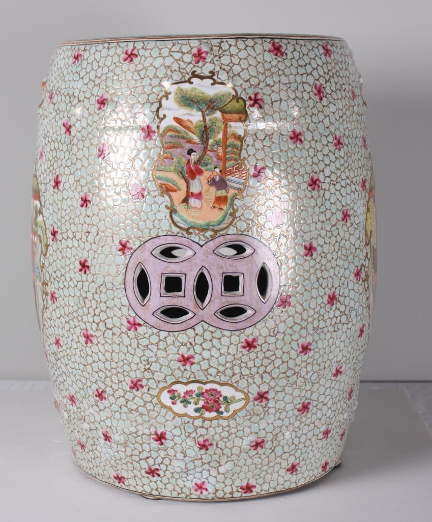 Chinese Garden Seat: Porcelain stool/seat with scene depicting a gathering of traditional maidens. Dimensions: H 15 x W 13 x D 13 inchesNOTE: Good overall