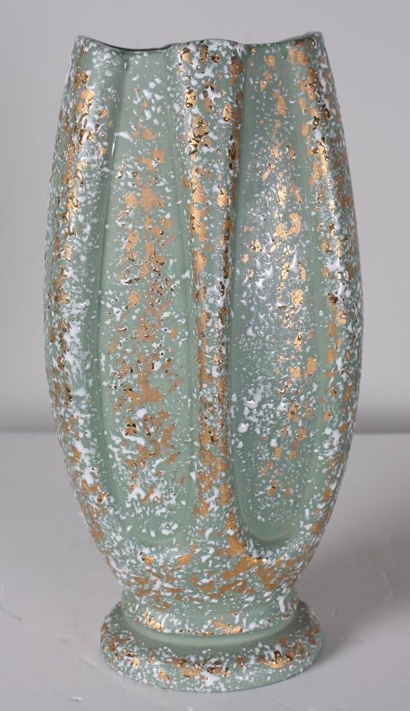 Mid Century Speckled Vase: Lobed with green ground, speckled with white and gold.Dimensions: H 12.5 x W 4.5 x D 3.5 inchesNOTE: No apparent chips, cracks or repairs