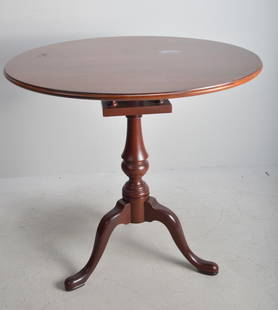 Queen Anne Style Flip Top Tea Table: With a round, moulded top over a birdcage, raised on a turned column, raised on three cabriole legs ending slipper feet. Dimensions: H 29 x W 30 x D 30 inches NOTE: Wear consistent with age and use