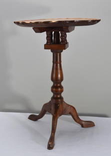 Diminutive Walnut Queen Anne Style Tea Table: With a pie crust top over a birdcage and urn form column, raised on three legs ending in slipper feet Dimensions: H 19 x W 14 x D 14 inches NOTE: Top not affixed, missing the fastner