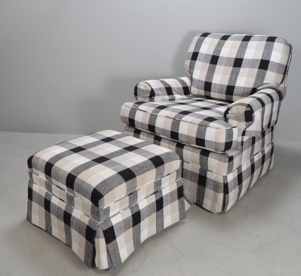 Upholstered Club Chair and Ottoman: Of usual form, with an ottoman. Dimensions: H 31 x W 32 x D 32 inches NOTE: Wear consistent with age and use