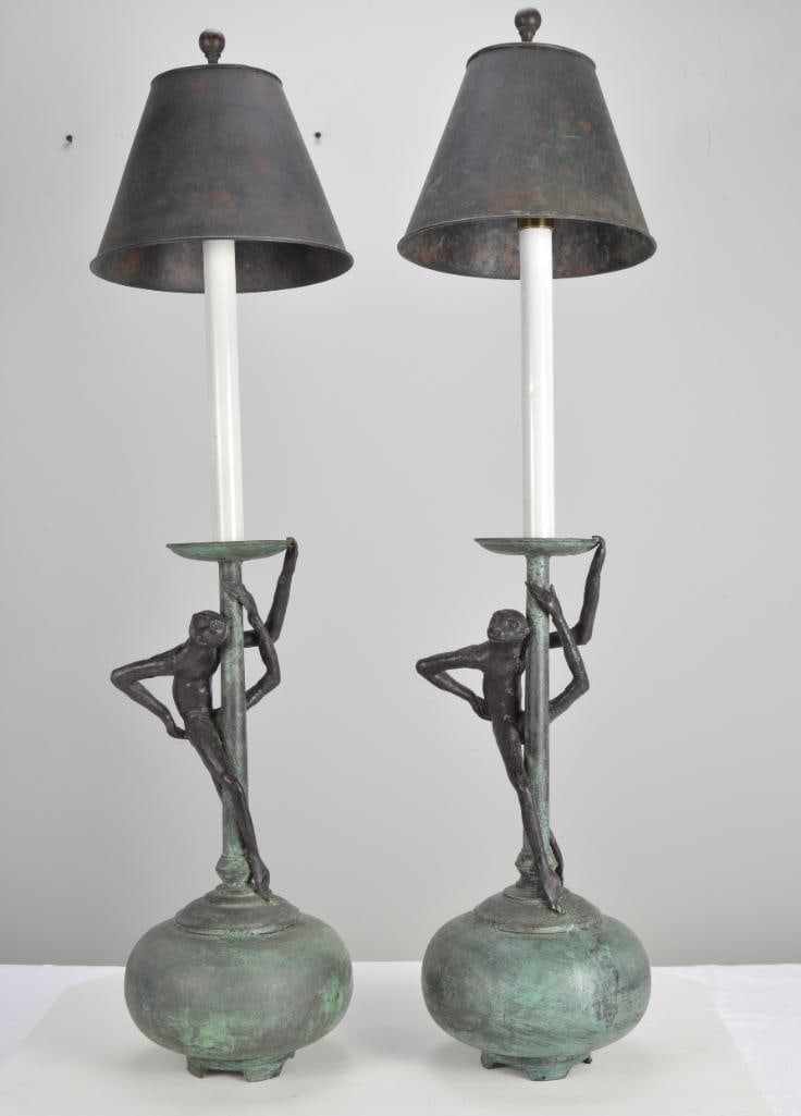 Pair of Maitland-Smith Verdigris Bronze Monkey Lamps (1 of 10)