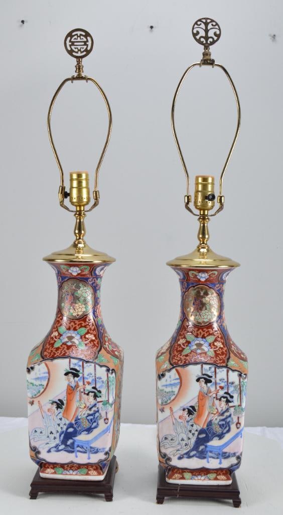 Pair of Chinese Porcelain Lamps: Each a mounted vase, with panels depicting musicians and dancers Dimensions: H 32 x W 5.5 x D 5.5 inches NOTE: Wear consistent with age and use
