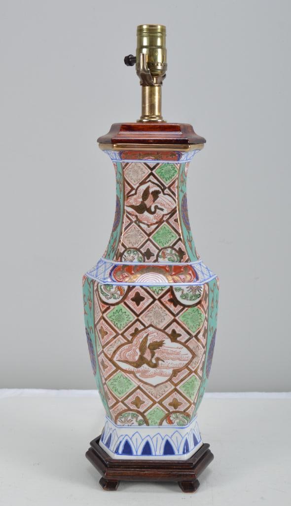 Chinese Vase as Lamp: With green and white panels, mounted on a wood base Dimensions: H 20.5 x W 7 x D 6 inches NOTE: Wear consistent with age and use
