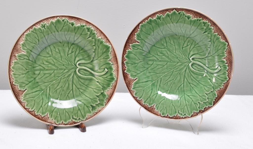 Two (2) Bordallo Pinheiro Majolica Green New Vine Salad Plates: Each marked on base. Dimensions: H 1 x W 8 x D 8 inches NOTE: No apparent chips or evidence of repairs.