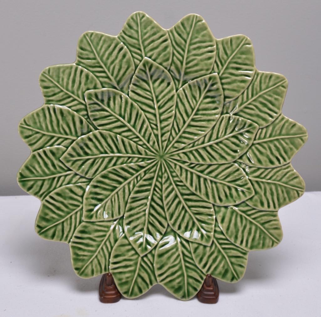 Bordallo Pinheiro Majolica Lemon Leaf Green Platter: Marked on base. Dimensions: H 1 x W 13 x D 13 inches NOTE: No apparent chips or evidence of repairs.