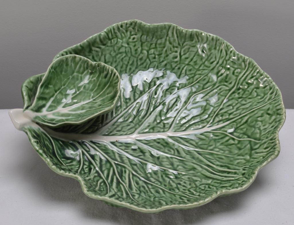A Bordallo Pinheiro Majolica Cabbage Leaf Green Chip & Dip (1 of 5)