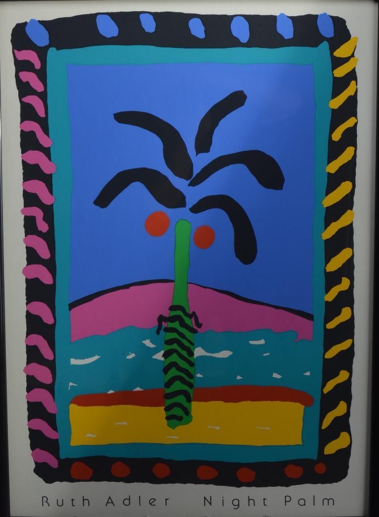 Ruth Adler (American 1923-2023): Night Palm, Abstract tropical beach scene with one palm tree in the center Poster Image: H 35 x W 25 inches; Frame: H x W inches Matted and glazed in black acrylic fram Condition: No appar