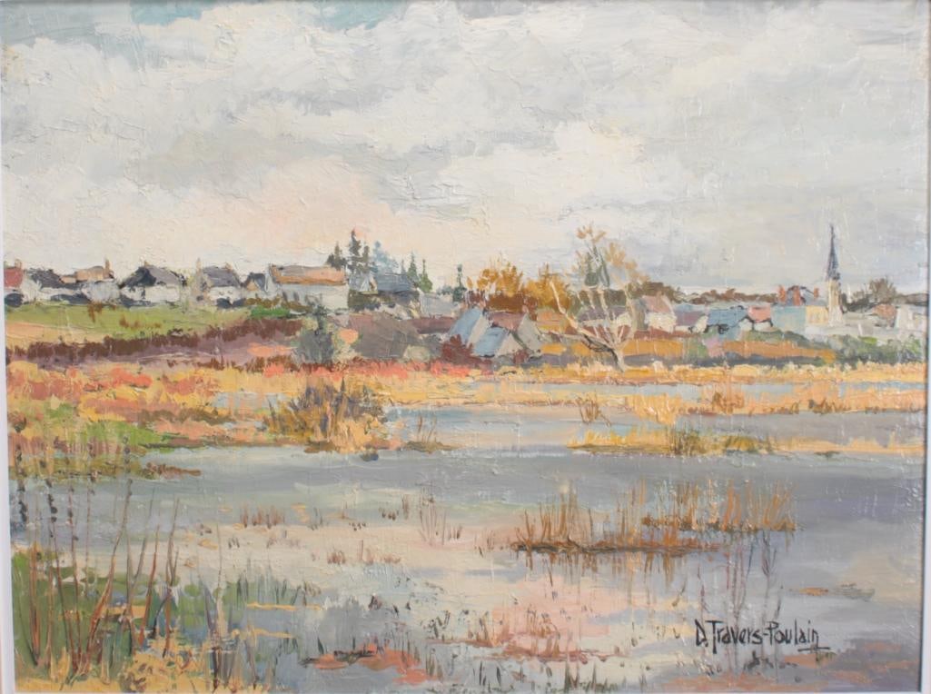 Denise Travers-Poulain (French, 1926-2013): Village de Fouet sur l'Aubois, Of a village as viewed over a marsh, steeples in the background. Oil on canvas Image: H 19 x W 25 inches; Frame: H 26 x W 32 inches Parcel gilt frame Con