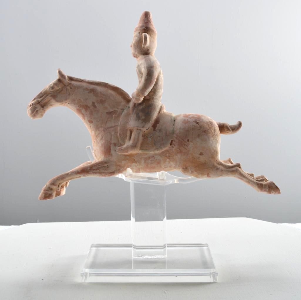 Tang Style Horseman: On custom stand, museum reproduction Dimensions: H 8 x W 14 x D 4 inches NOTE: Very good condition, no apparent losses