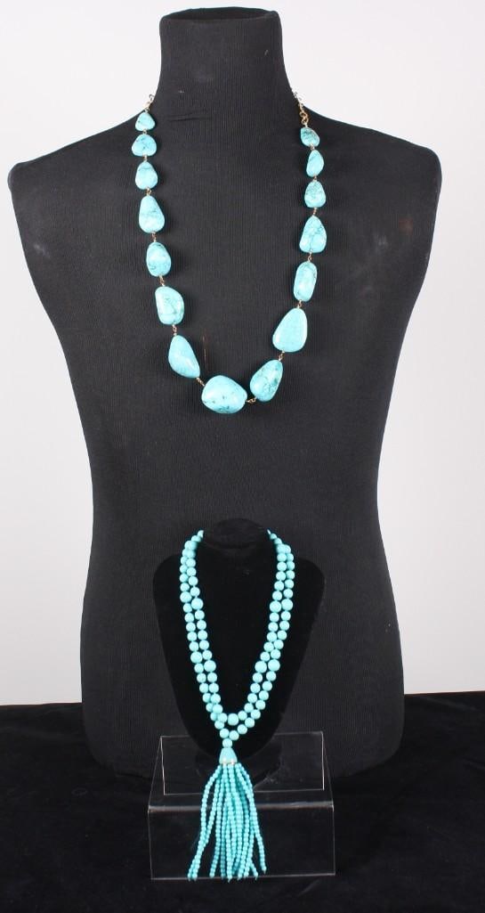 Two Necklaces: One with gold chain and large turquoise blue stones, the other small turquiose blue beads with smaller beads on a tassel NOTE: Excellent Condition