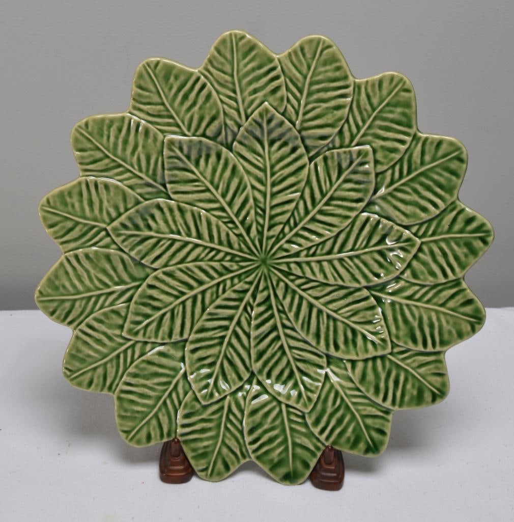 Bordallo Pinheiro Majolica Lemon Leaf Green Platter: Marked on base. Dimensions: H 1 x W 13 x D 13 inches NOTE: No apparent chips or evidence of repairs.