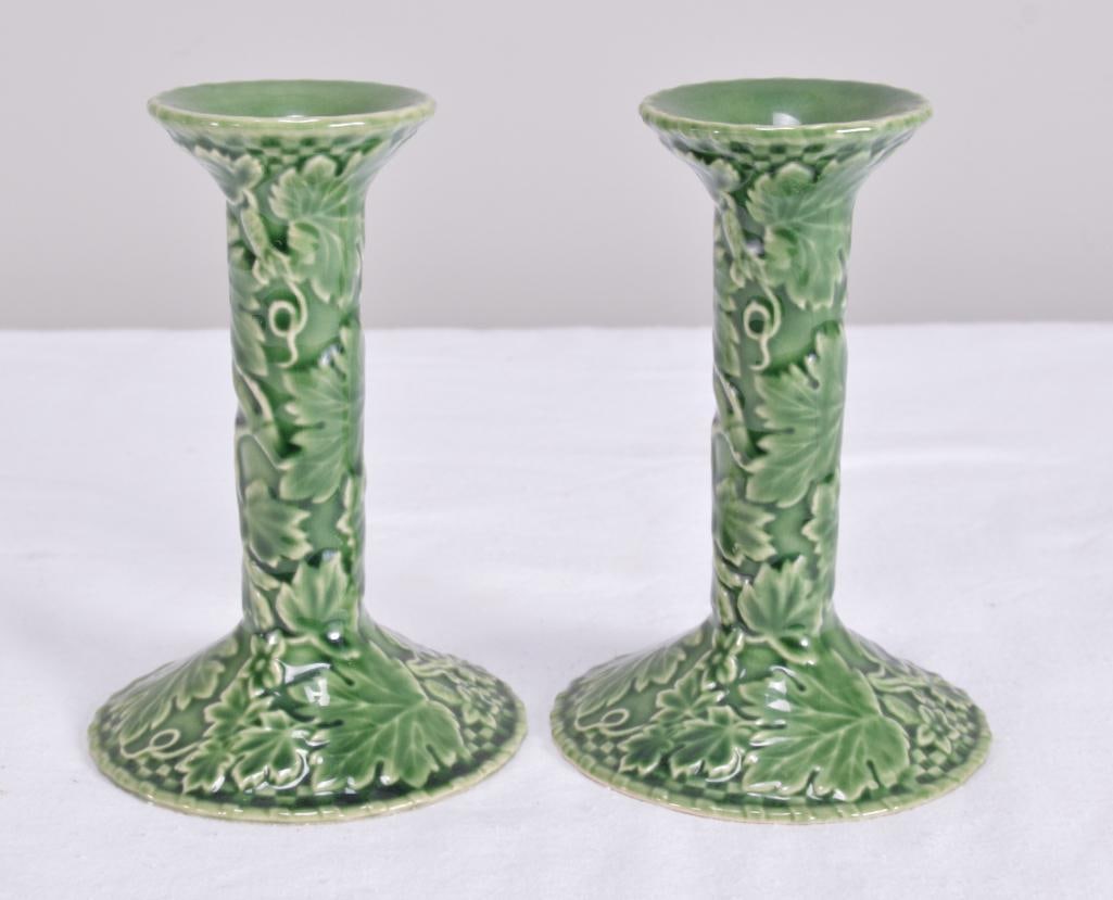 Pair of Bordallo Pinheiro Majolica Ivy Leaf Green Candlesticks (1 of 3)