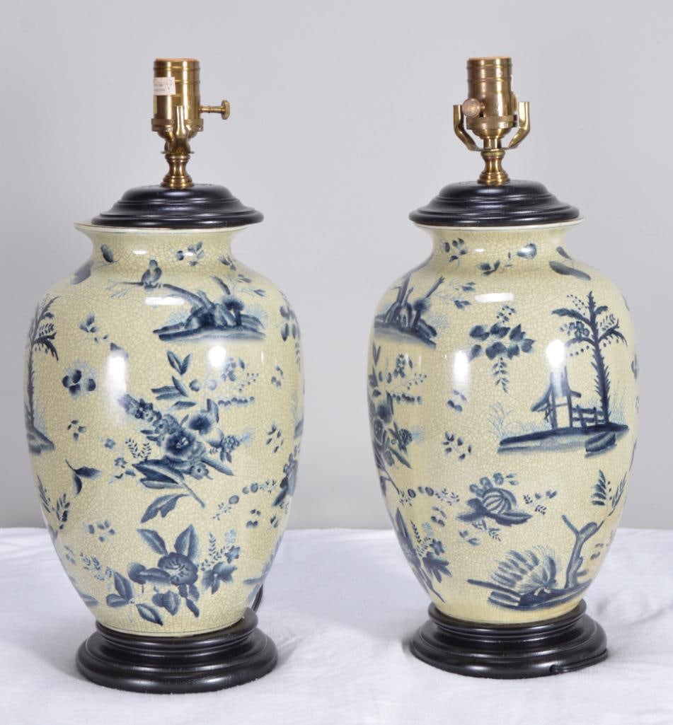 Pair of Ginger Jars as Lamps: Each with cracked ecru ground Dimensions: H 18 x W 9 x D 9 inches NOTE: Wear consistent with age and use
